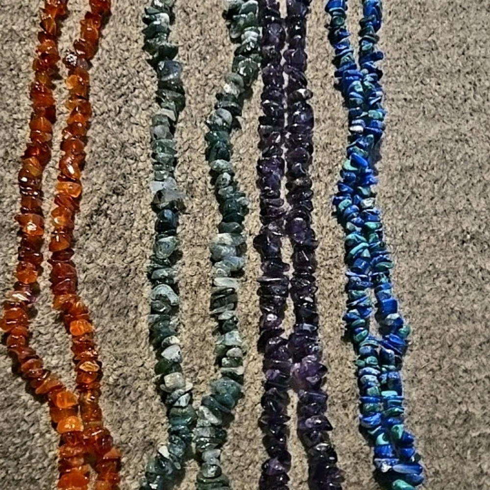 4 GEMSTONE Chip BEAD NECKLACES;Amethyst, Amber, Lapis/Azurite/Malachite, Agate